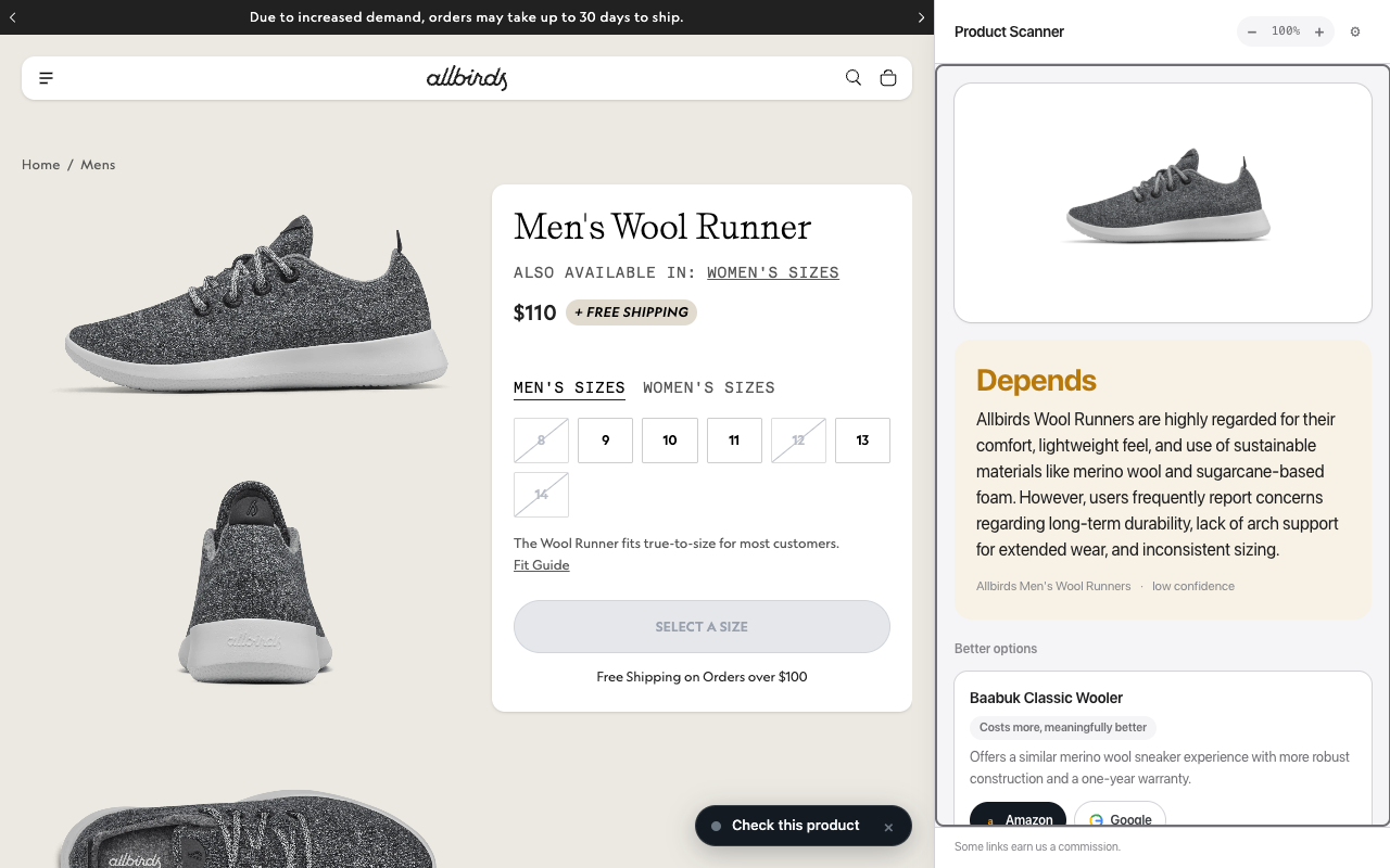 A store page on the left, and Product Scanner's panel on the right showing a verdict, the reasons, and two alternatives with Amazon and Google buttons